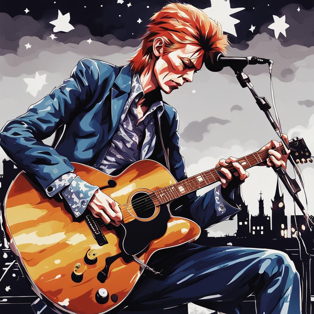 Anime Style David Bowie Playing Guitar
