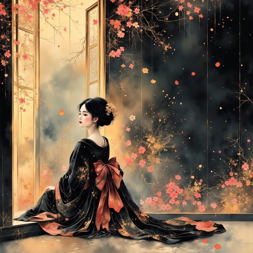 Geisha in Kimono: Art Nouveau and Futuristic Style