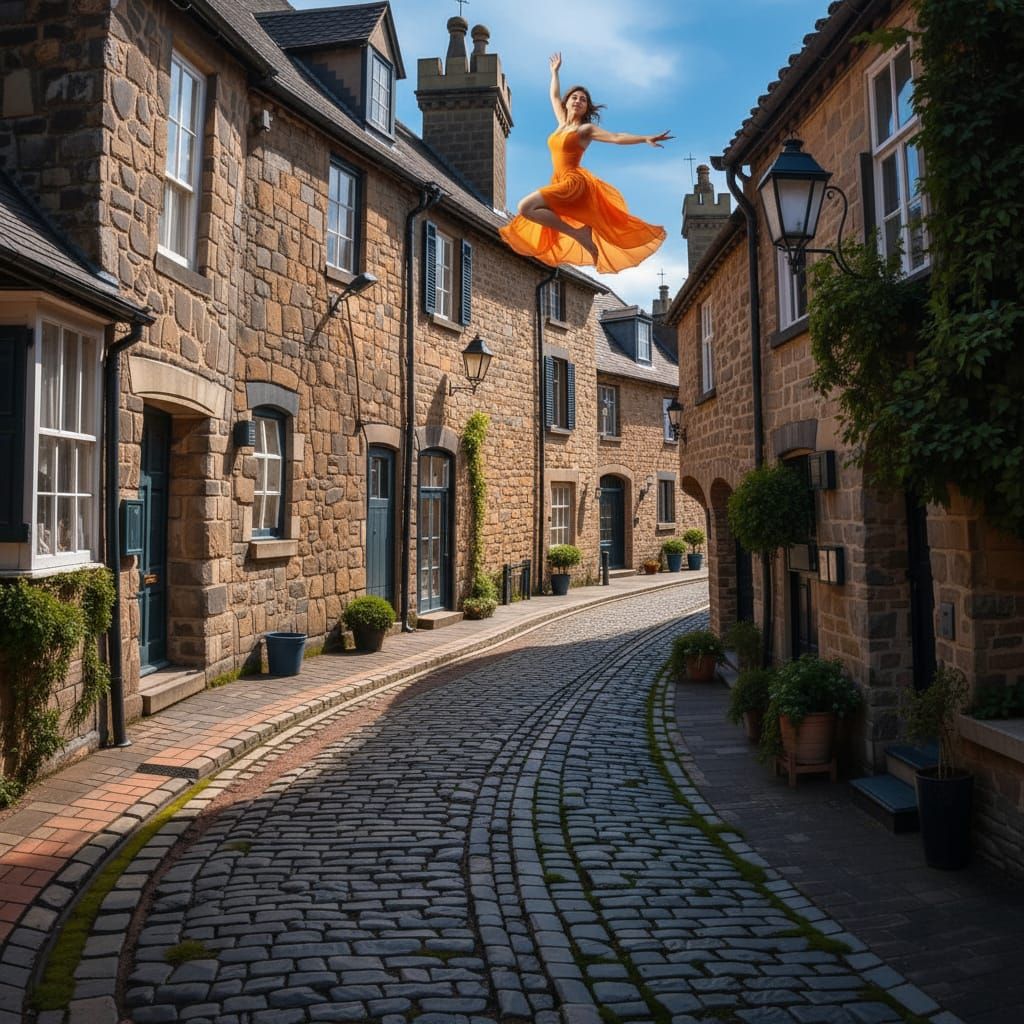 Woman in Orange Dress Soars Above Cobblestone Street at Nigh...