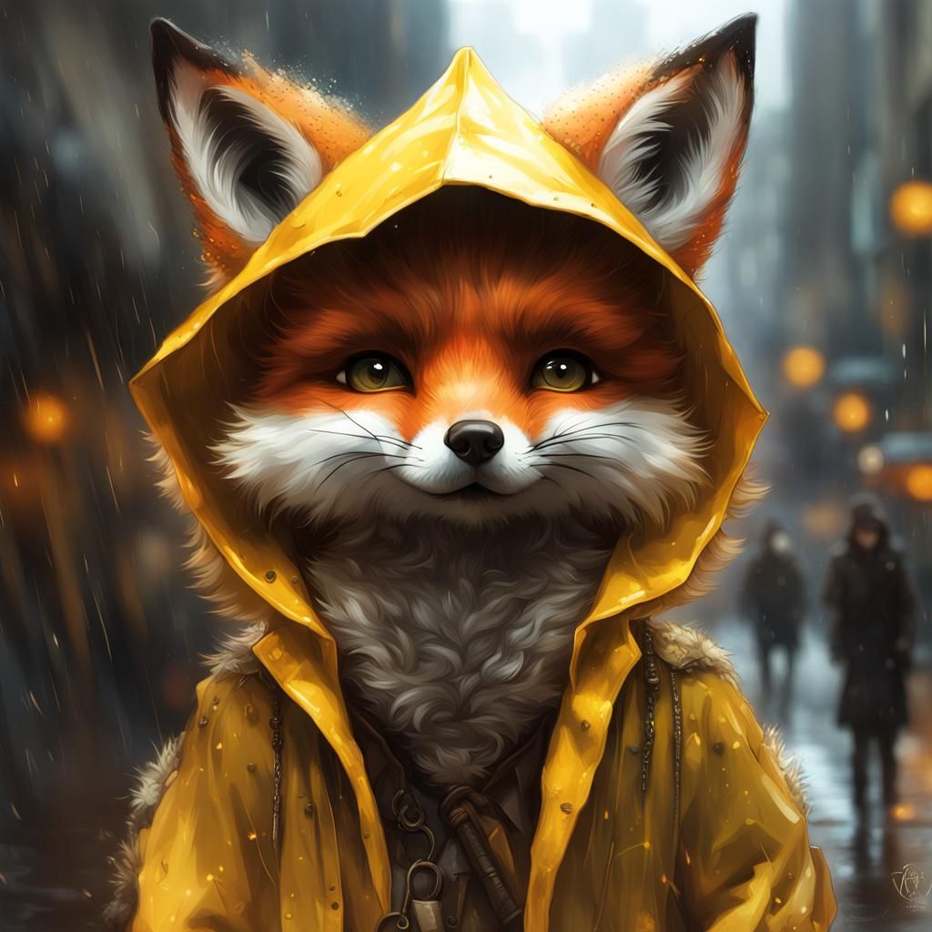Adorable Furry Fox in Yellow Raincoat: Digital Art