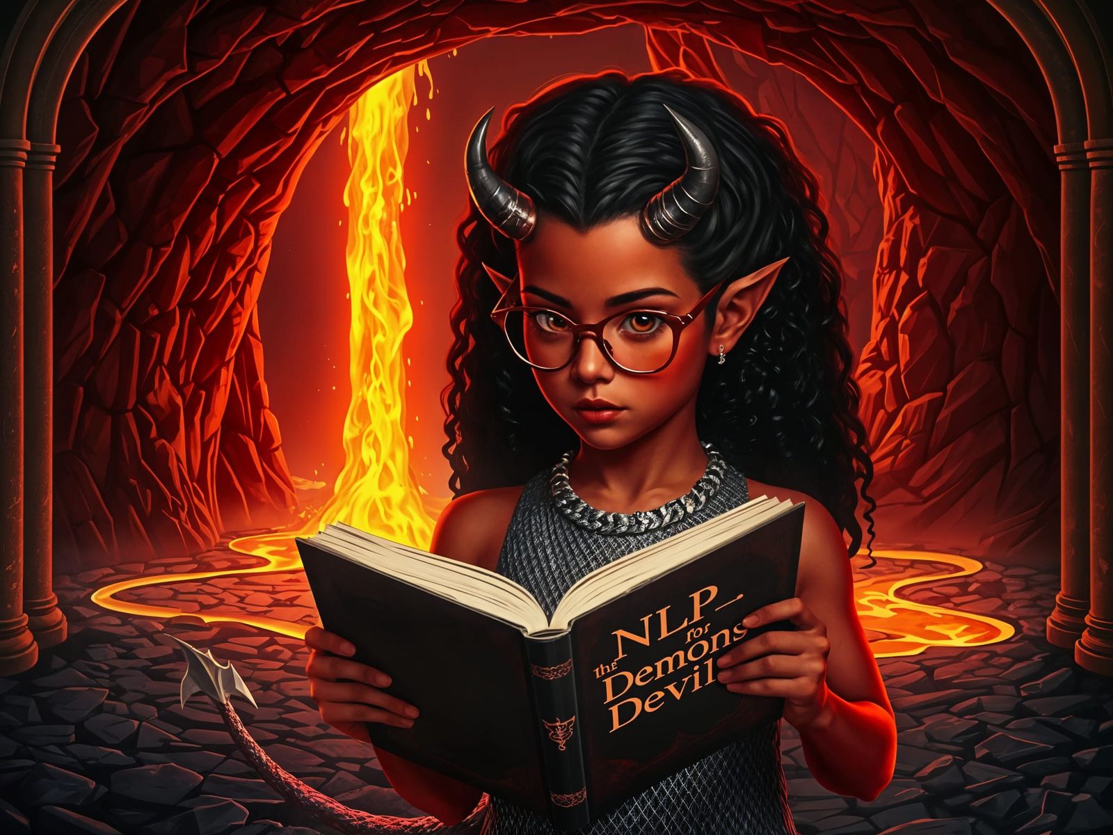 Nerdy Demon Girl Reading in Crimson Cave
