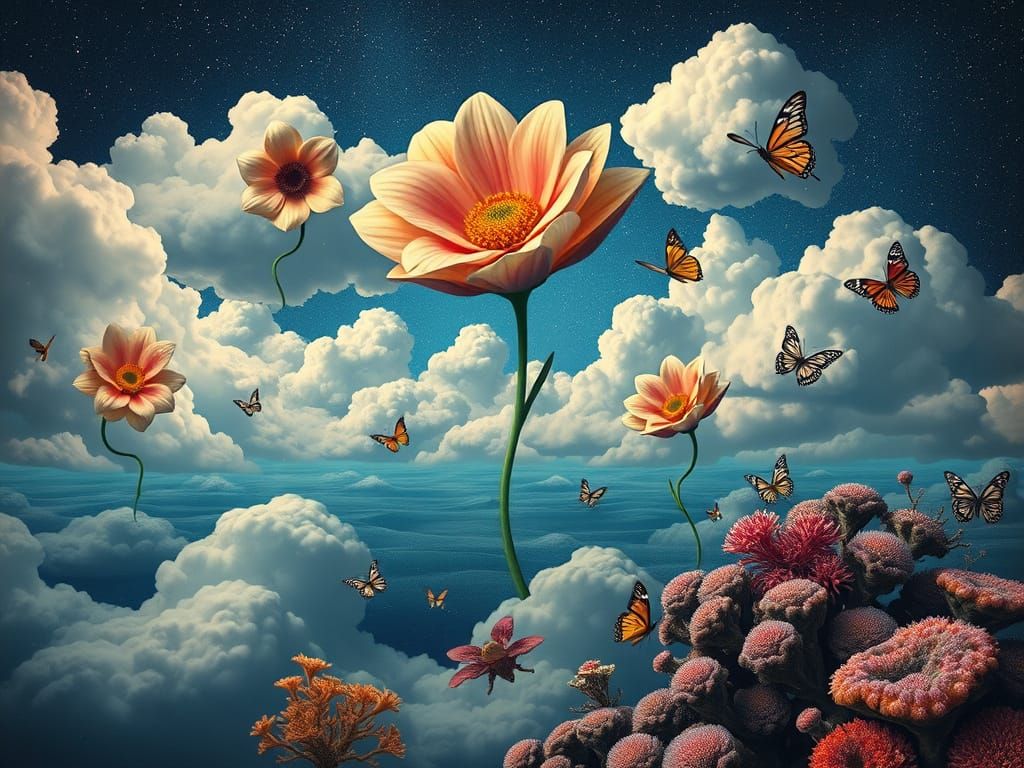 Surreal Giant Flowers Bloom Under Starry Sky