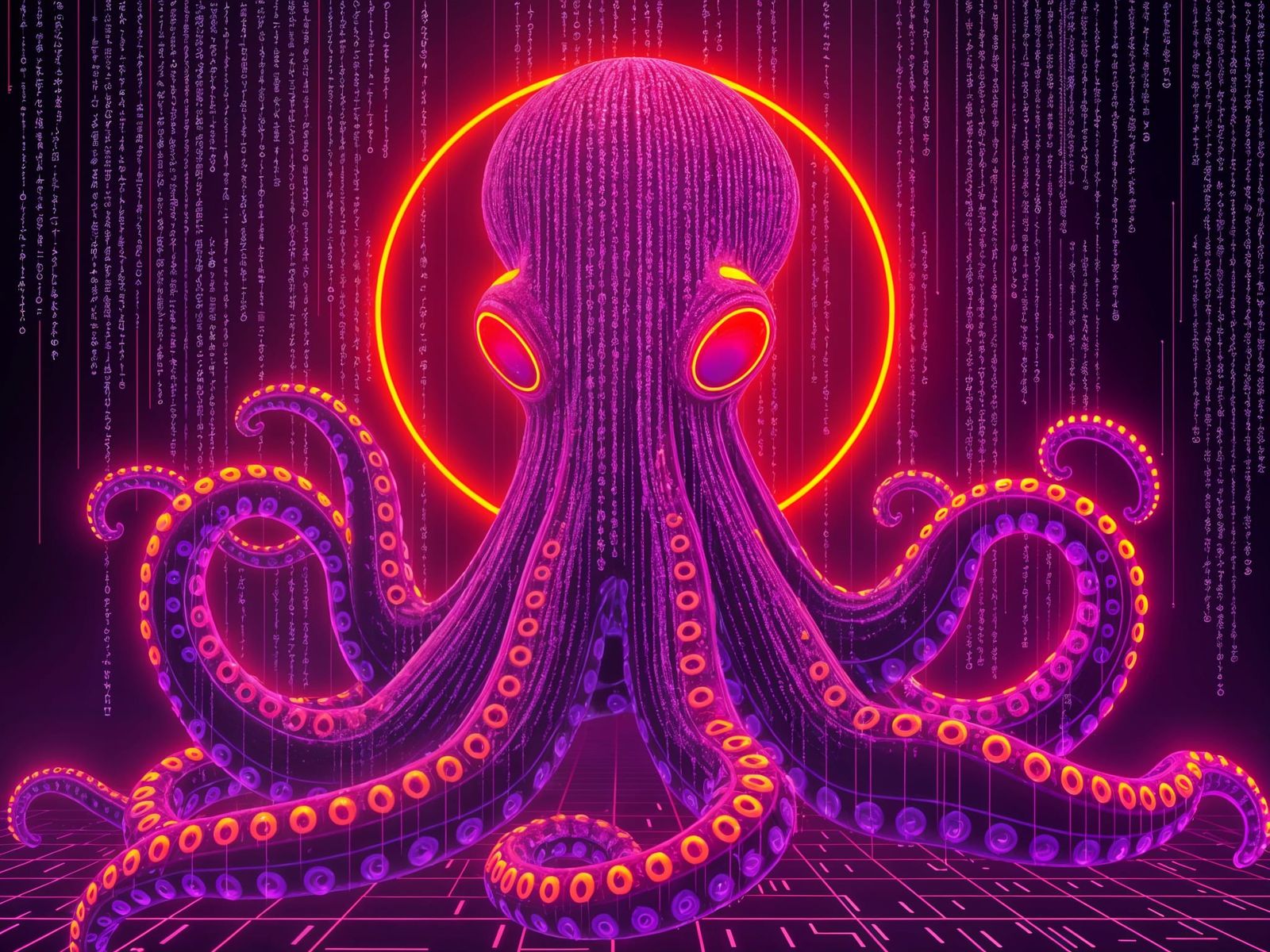 Neon Octopus in Vibrant Purple-Orange Matrix Code