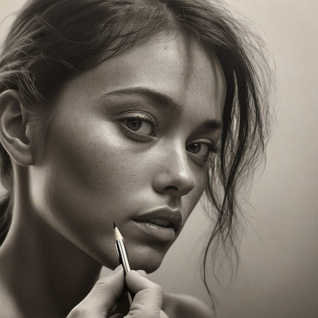 Artist's Hand Refines Charcoal Portrait with Intense Focus