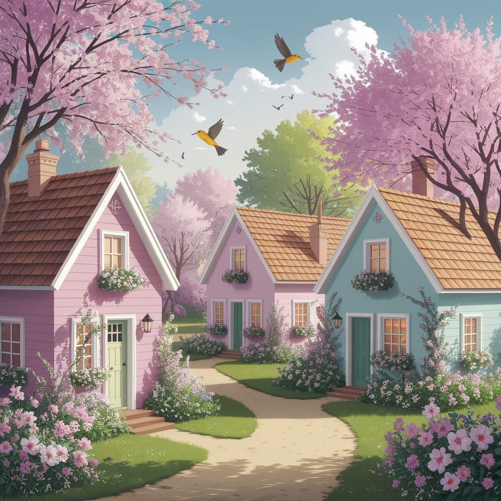 Whimsical Spring Village Scene in Pastel Colors