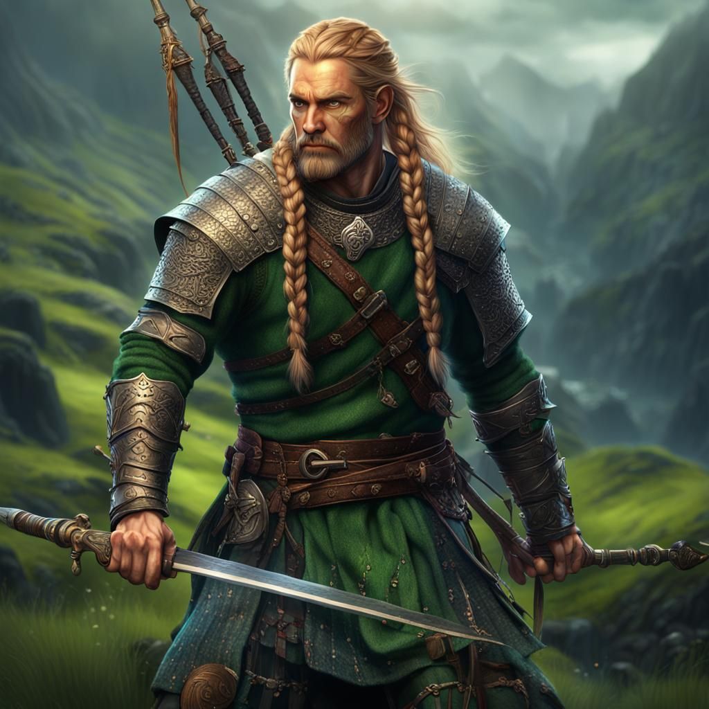 green-eyed Scottish laird warrior with braids in his long li...