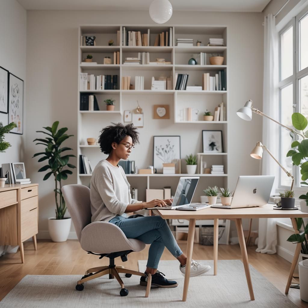 Minimalist Home Office with Laptop in Pastel Colors