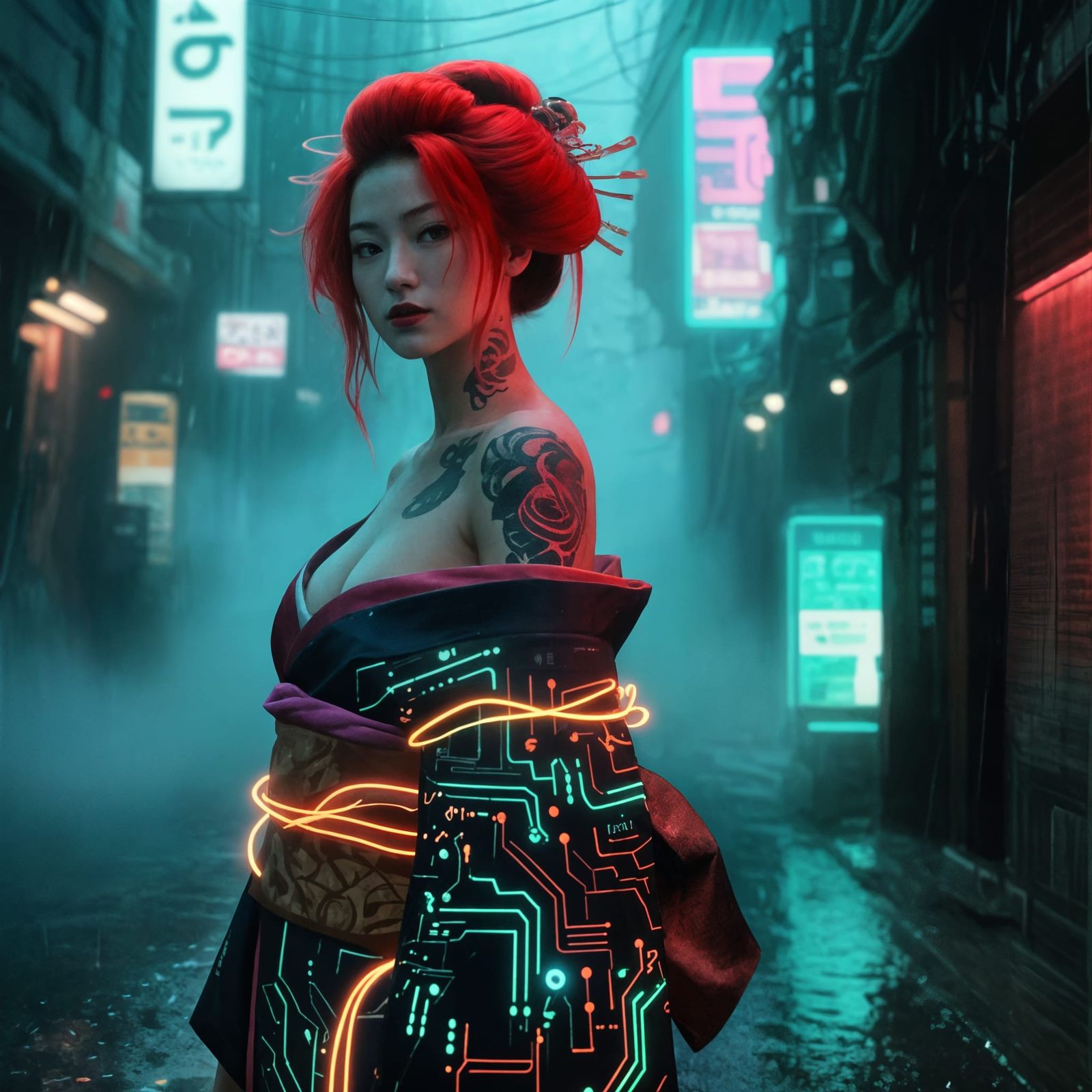 Cyberpunk Geisha in Neon Tokyo Alleyway
