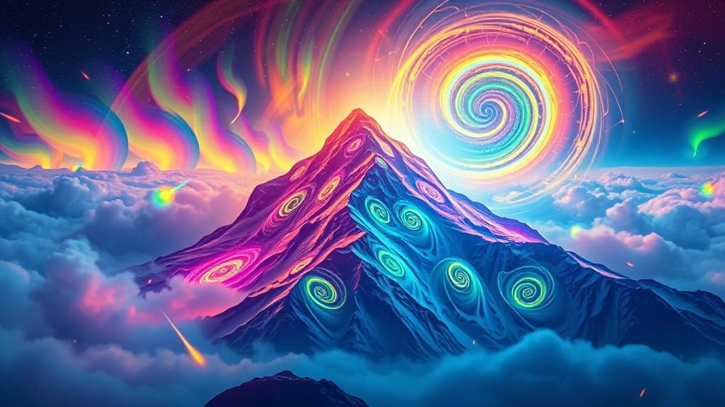 Hyper-Surreal Mountain Landscape with Rainbow-Hued Patterns ...