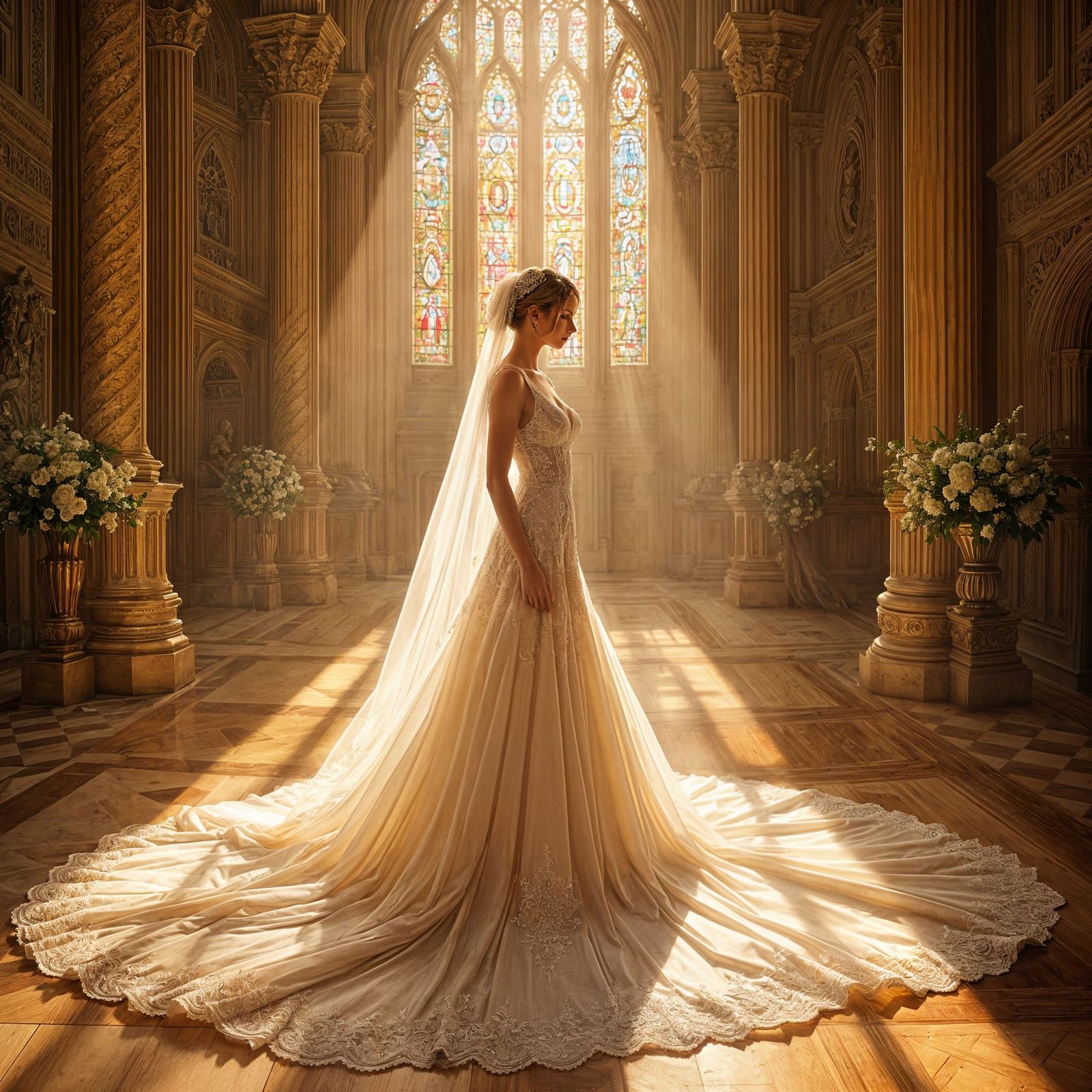 Elegant Bride in Golden Cathedral Light
