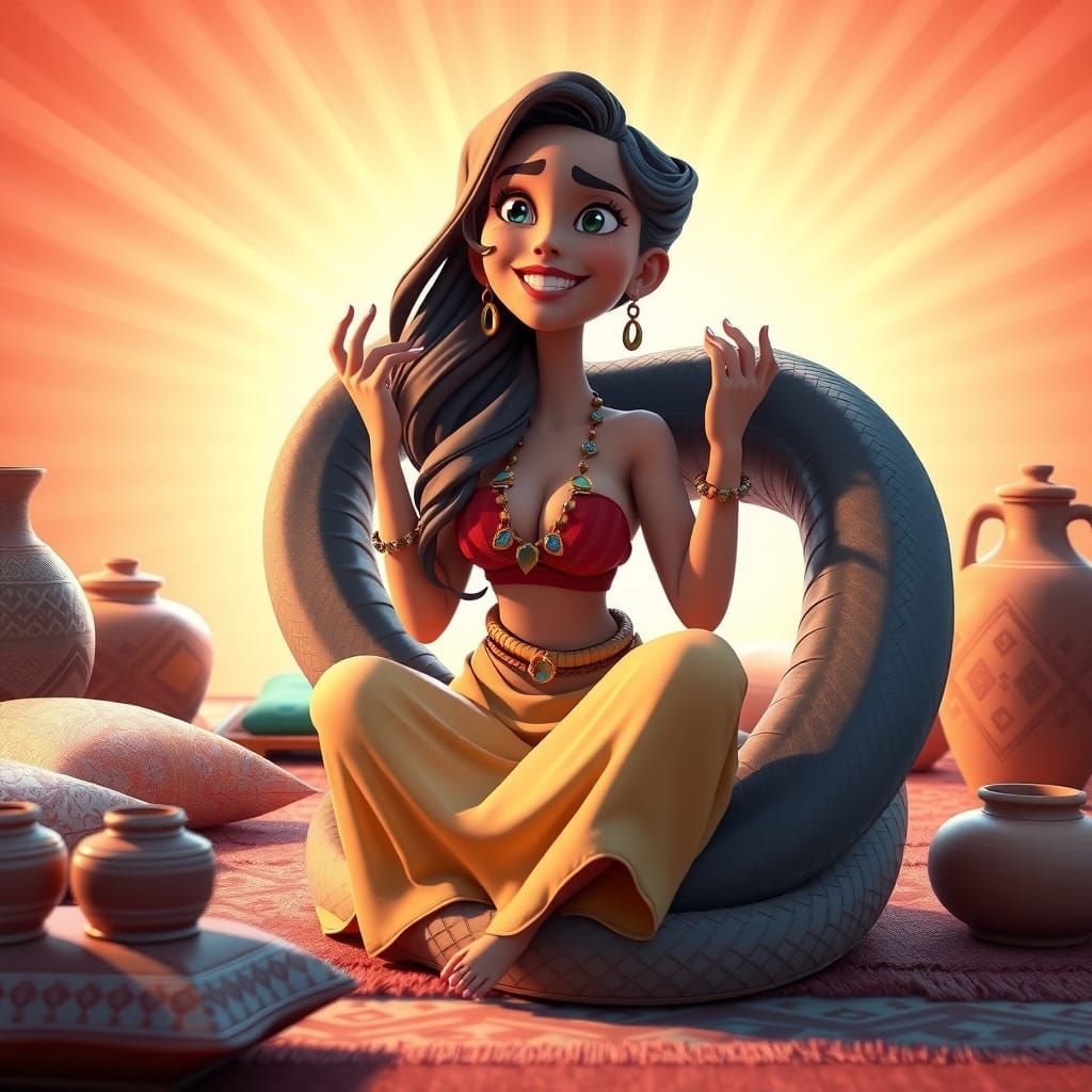 Woman Charmed by Snake in Cartoony 3D Art