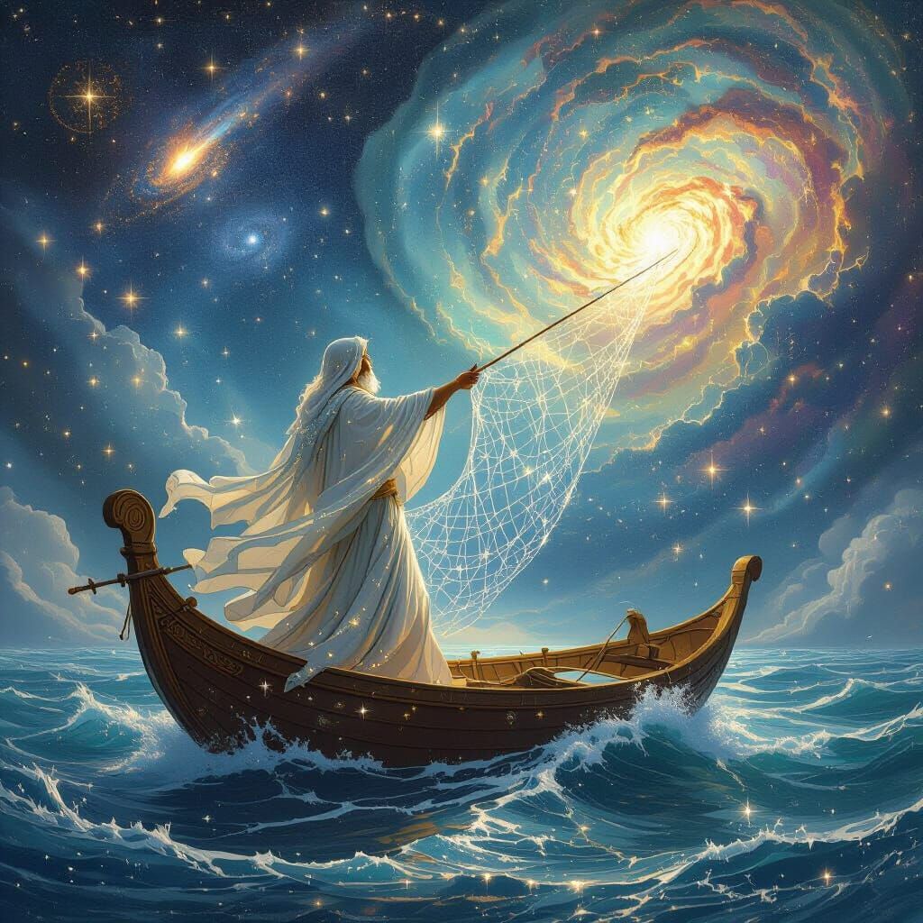 Celestial Fisherman Casting Starlight Net into Nebula Sea