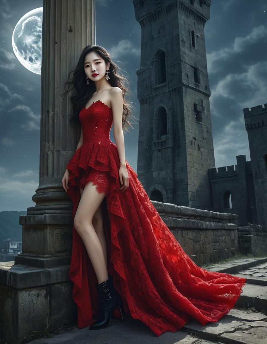 Korean Woman in Red Gown: Chiaroscuro Oil Painting