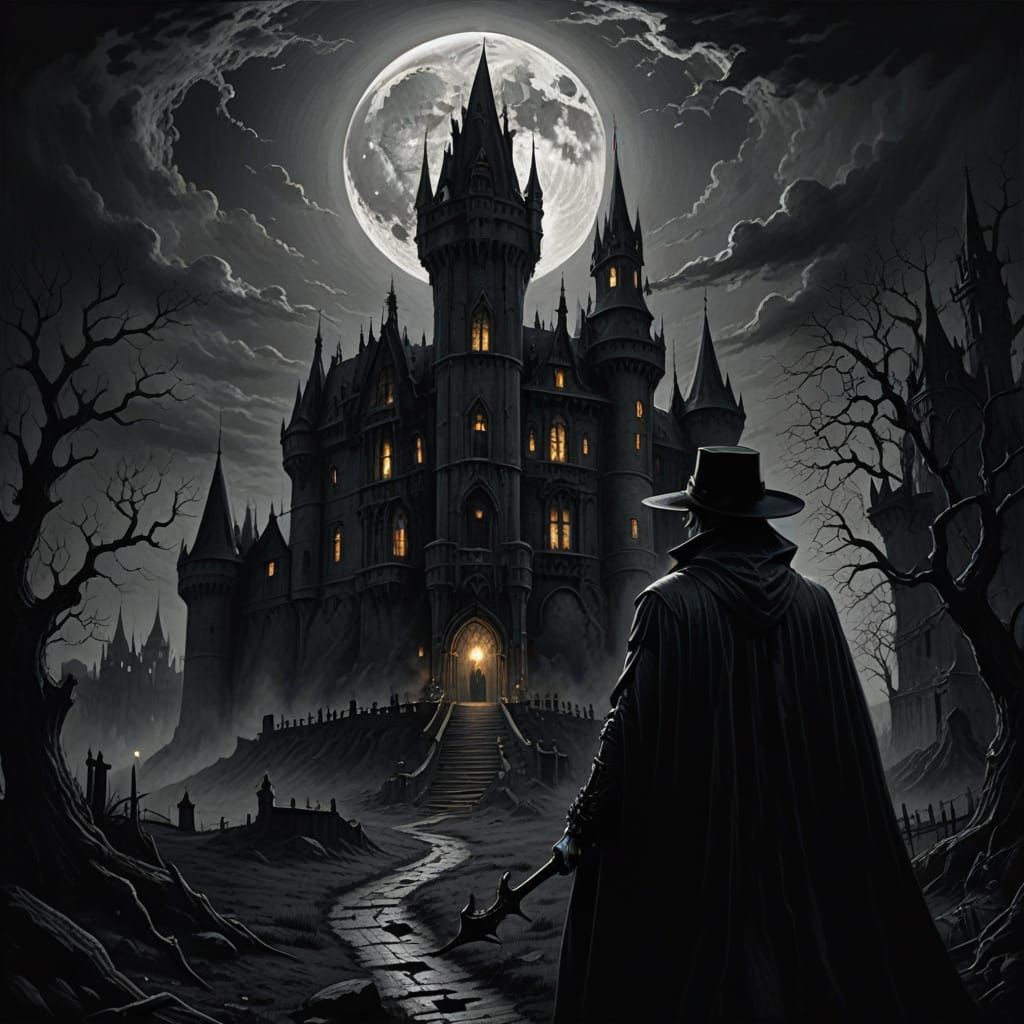 Gothic Vampire with Bat Under Moonlit Castle Sky