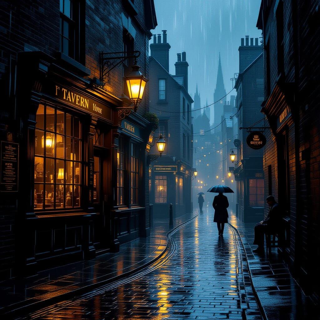 1890s London Gas-Lit Tavern Scene in Drizzly Rain
