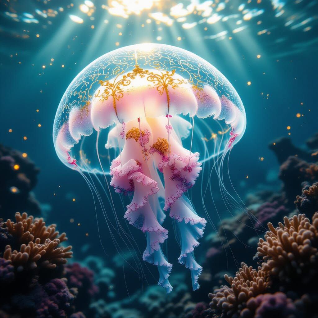 Ghostly Jellyfish Portrait with Gold Filigree