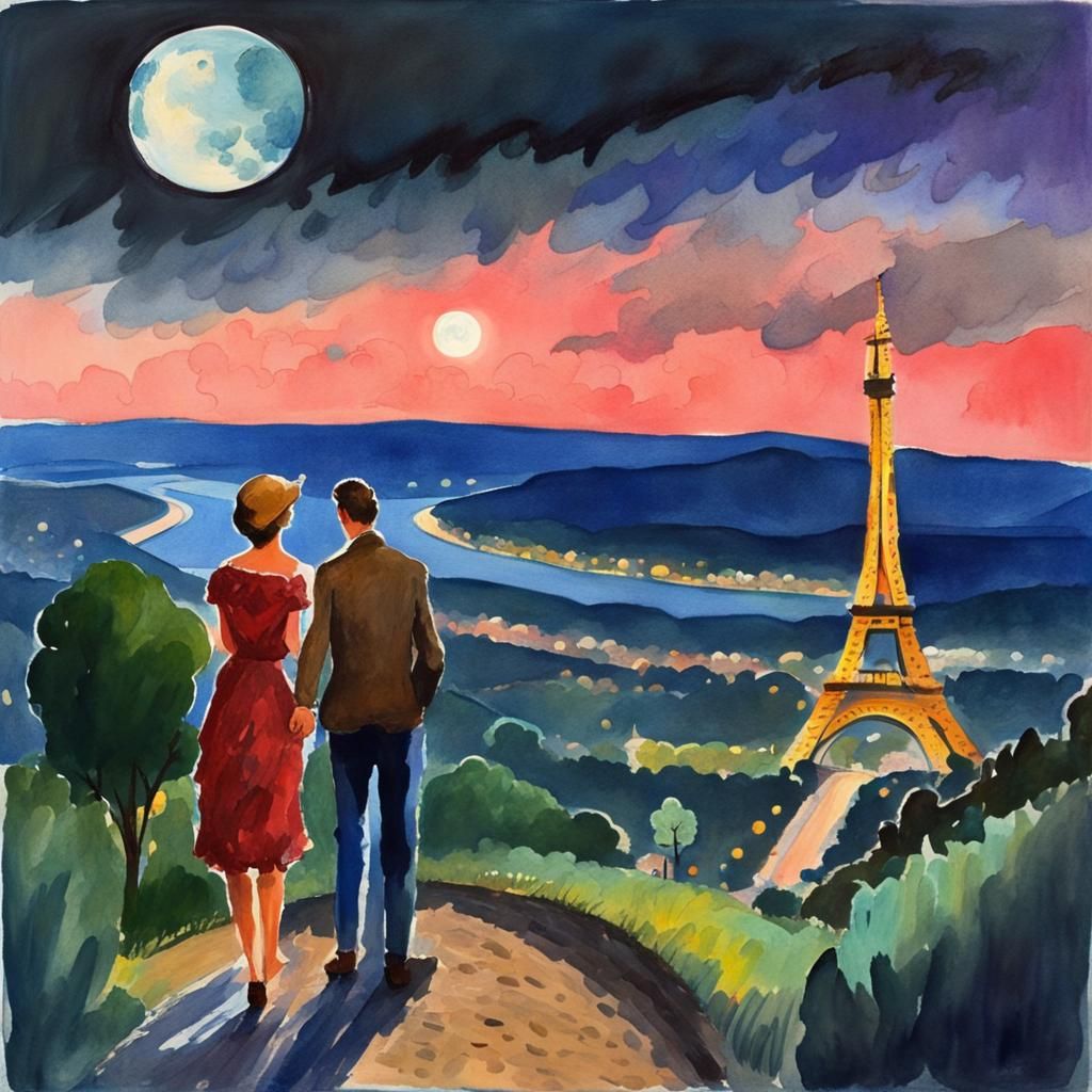 Impressionist Countryside River Scene with Eiffel Tower