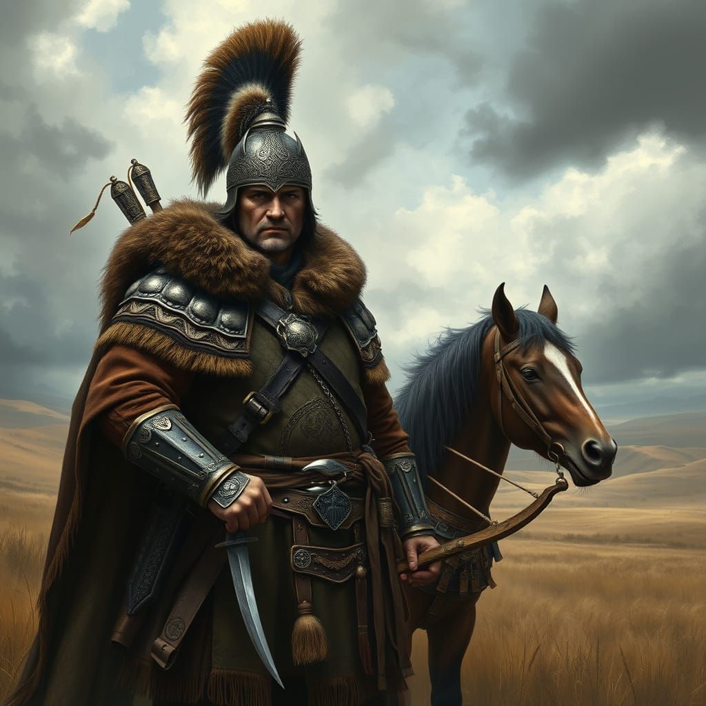 Medieval Cuman Warrior in Dark, Mystical Realism