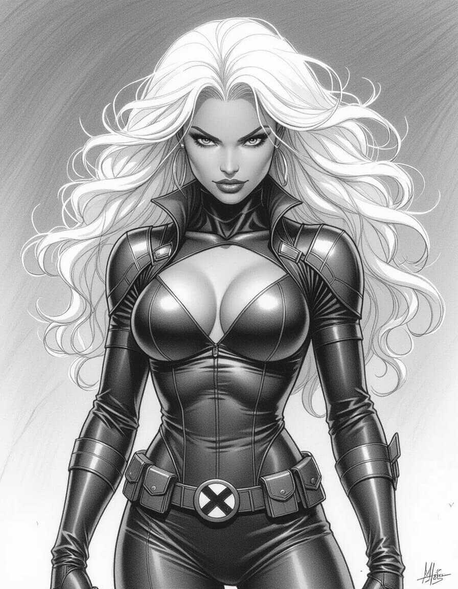 Detailed Pencil Sketch of Storm in Heroic Pose