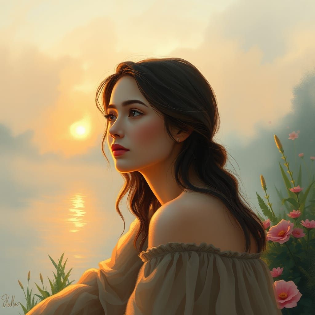 Woman Contemplating by Lake in Impressionist Style