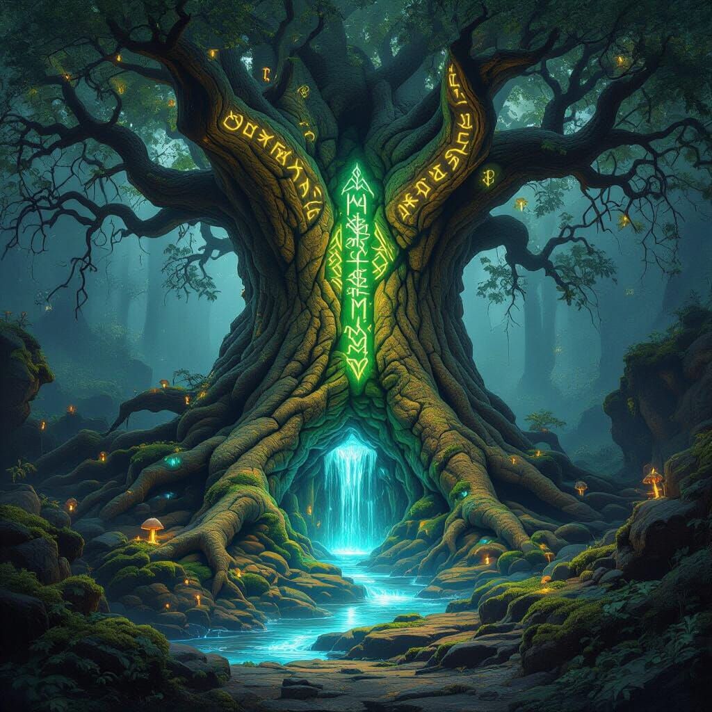 Ancient Tree Sanctuary With Glowing Runes