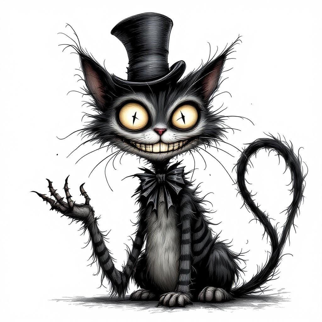 Whimsical Gothic Cat Illustration in Tim Burton Style