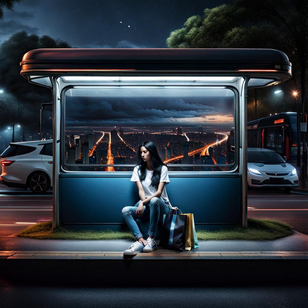 Girl at Bus Stop: Digital Matte Painting