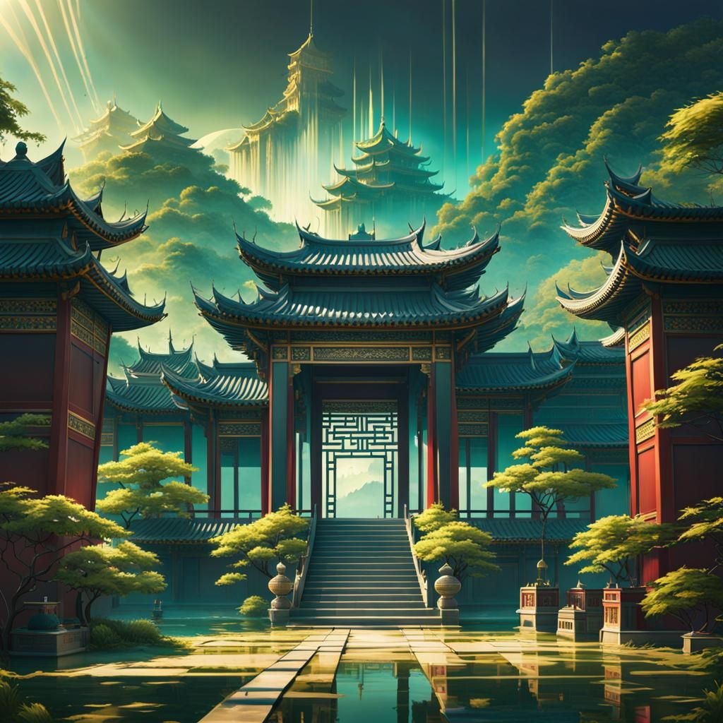 Asian Palace Courtyard in Detailed Matte Painting