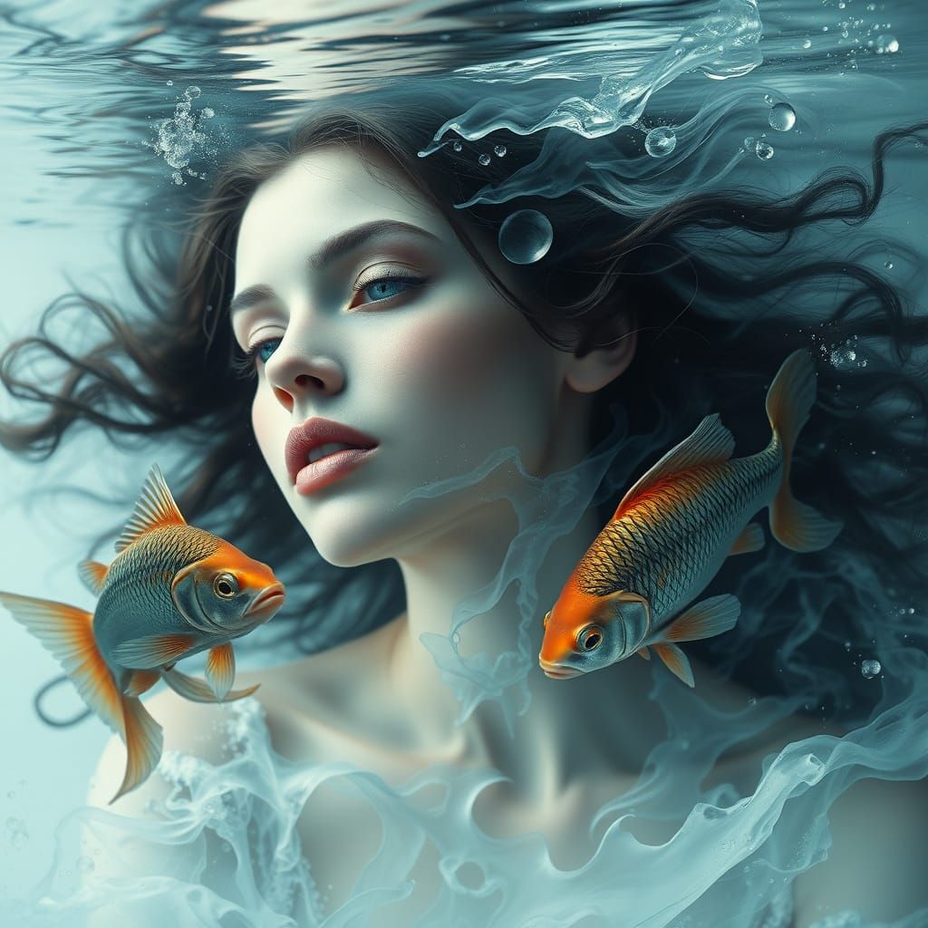 Dreamy Aquatic Goddess in Flowing Water Elements