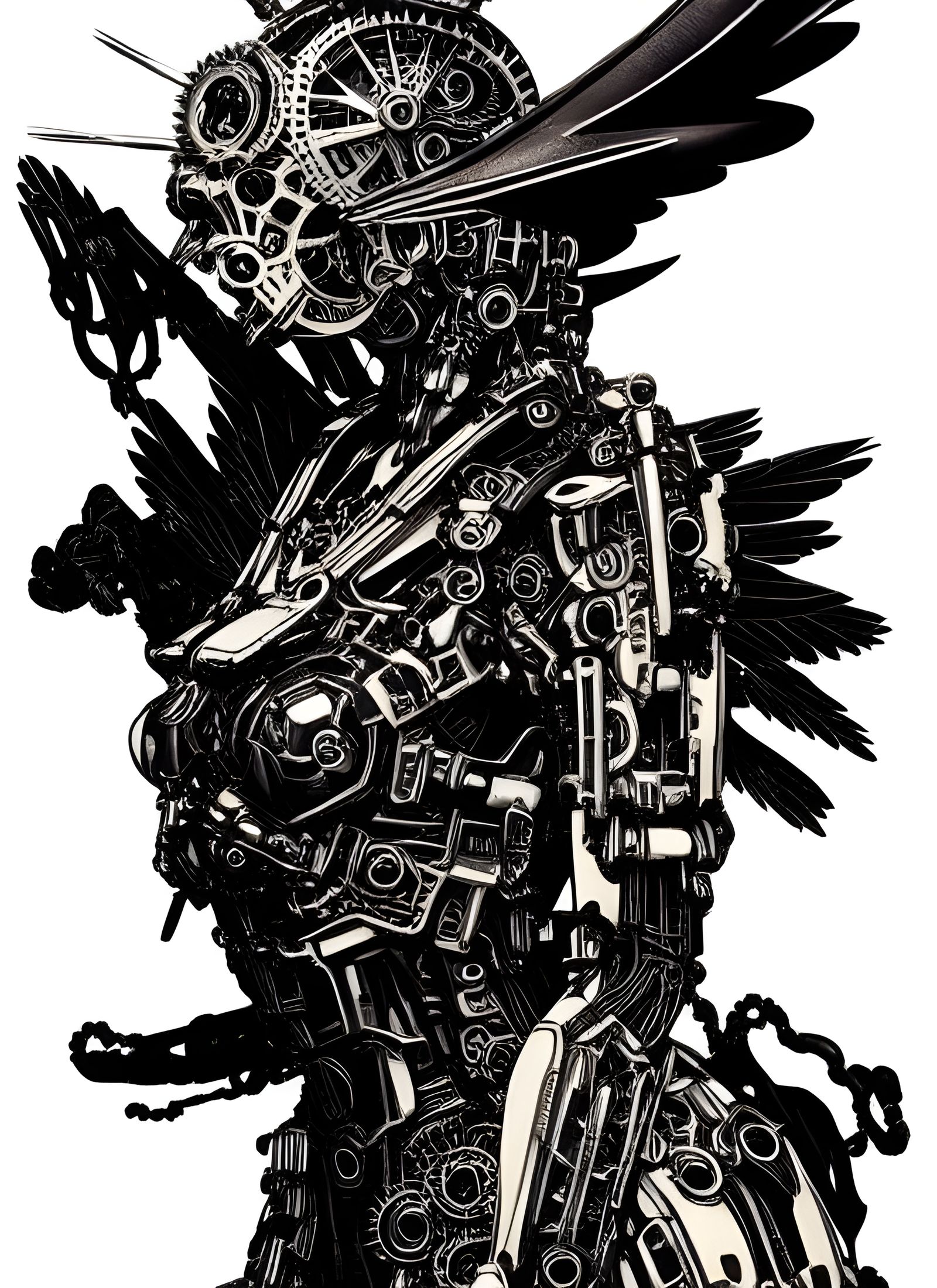 Steampunk Mecha Aztec Angel in Black Ink