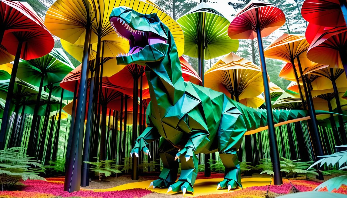 Giant Origami T-Rex in Rainbow Forest