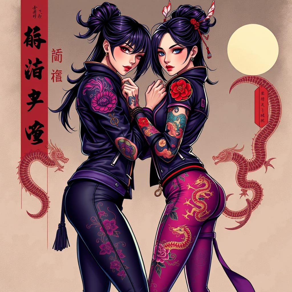 Romantic Chinese Women Embracing in Leather and Tattoos, in ...