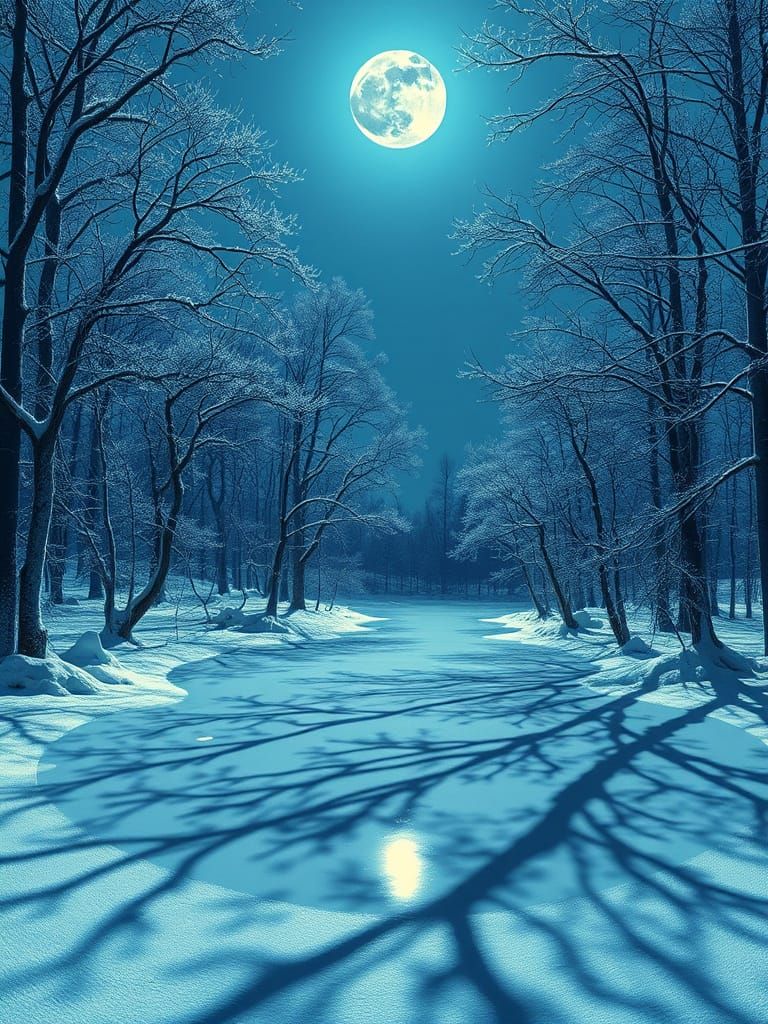 Surrealist Nocturnal Landscape Under Full Moon