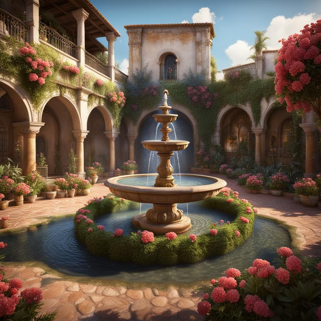 Spanish Colonial Garden with Fountain: Detailed Matte Painti...