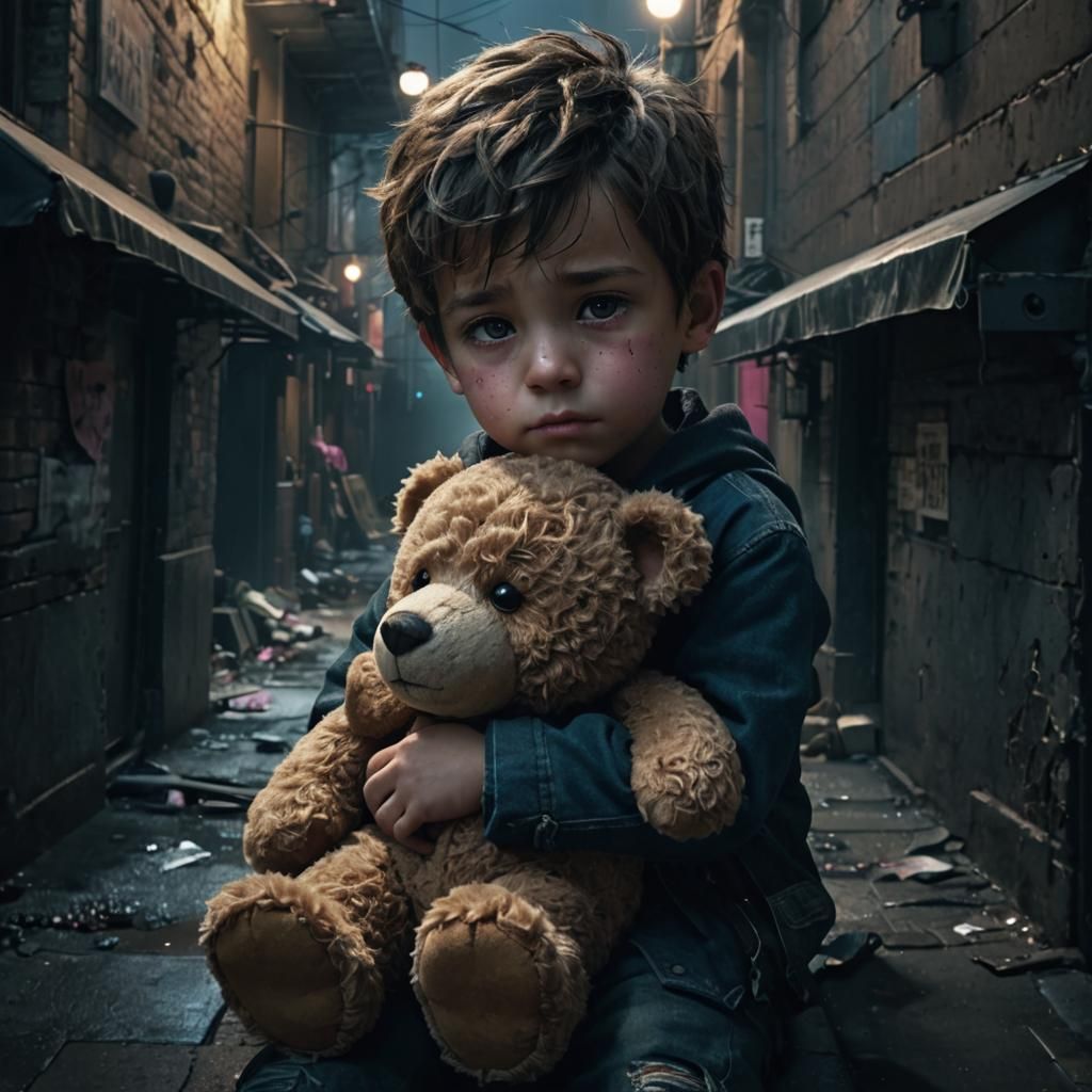 Sad Boy with Teddy Bear in Cyberpunk Alley