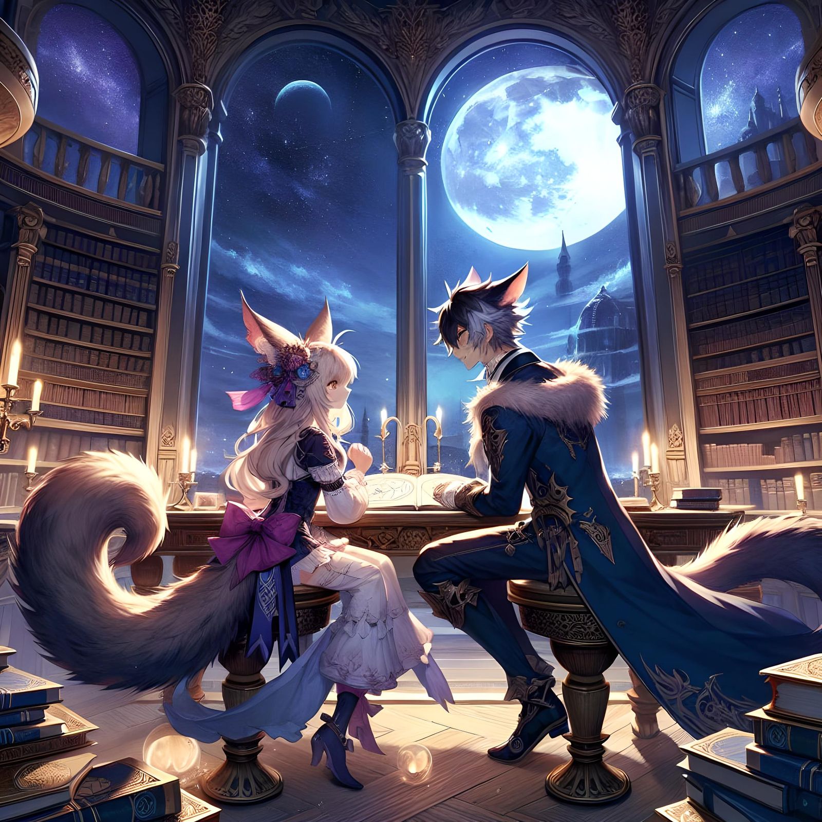 Fantasy Characters Study Astronomy in Anime Style