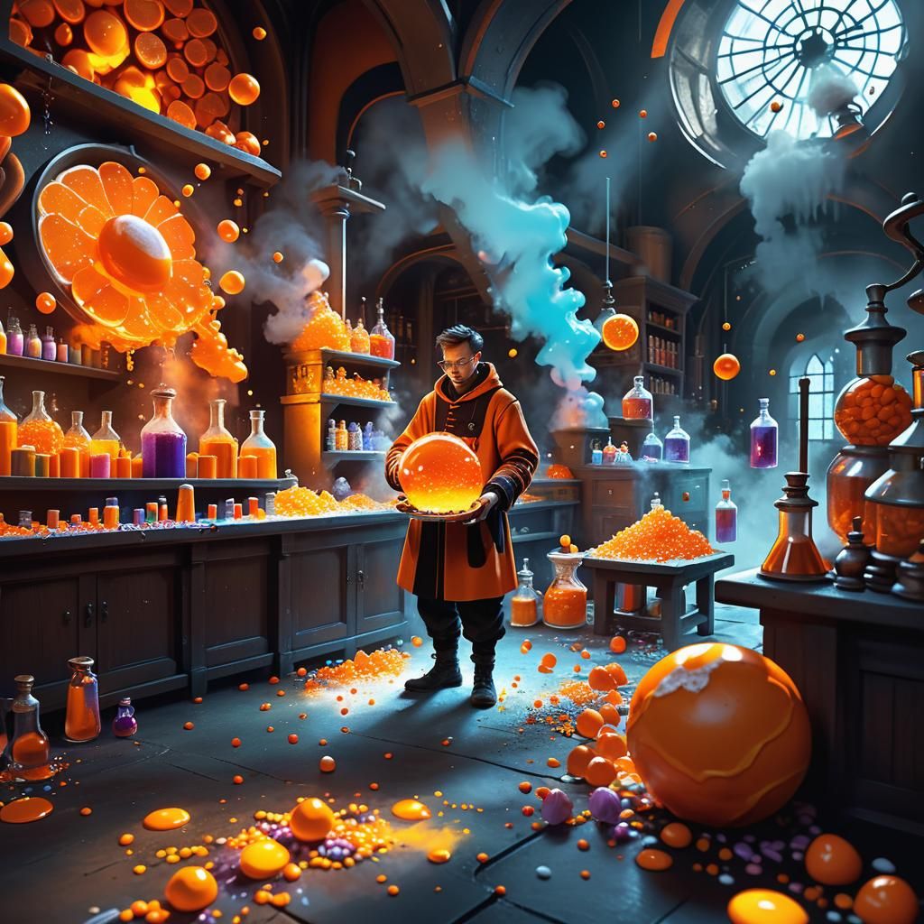 Alchemist Amidst Orange Candy Explosion: Digital Matte Paint...