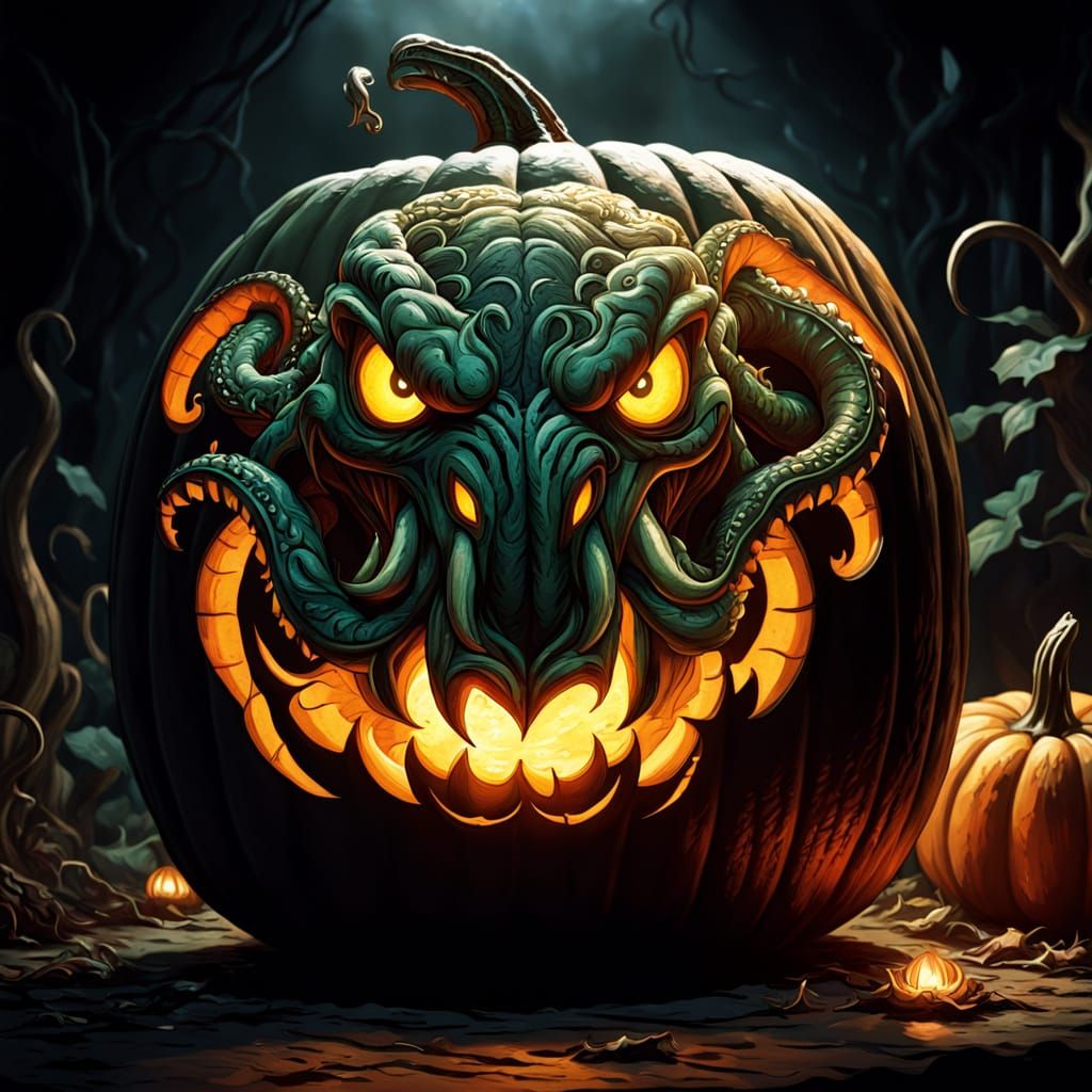 Mighty Kraken Carved into Halloween Pumpkin
