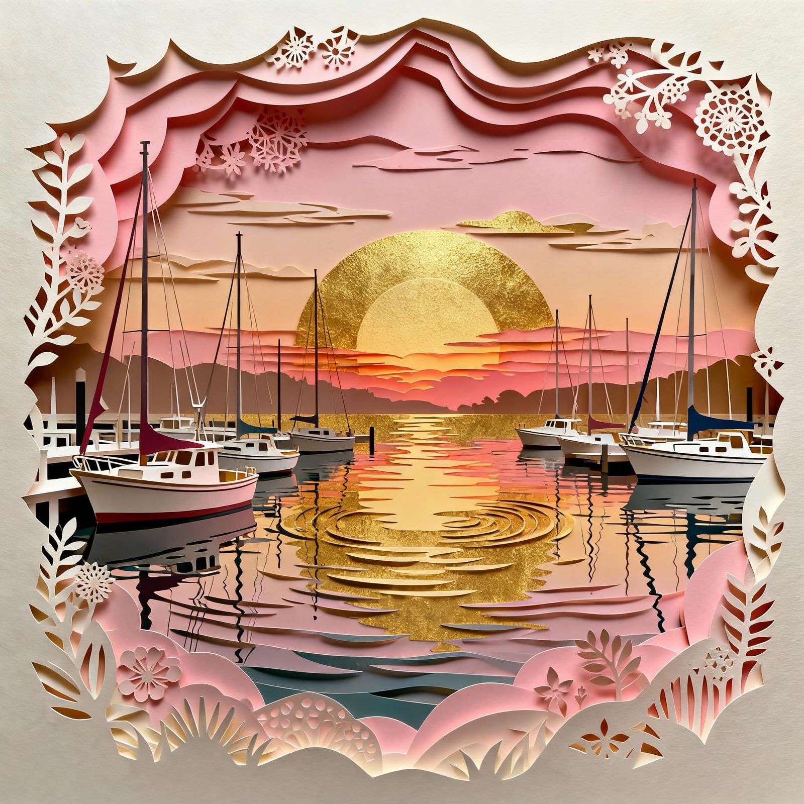 Whimsical Paper Cut Marina at Golden Sunset