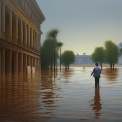 Flooded Street Scene in Hyperreal Liminal Style