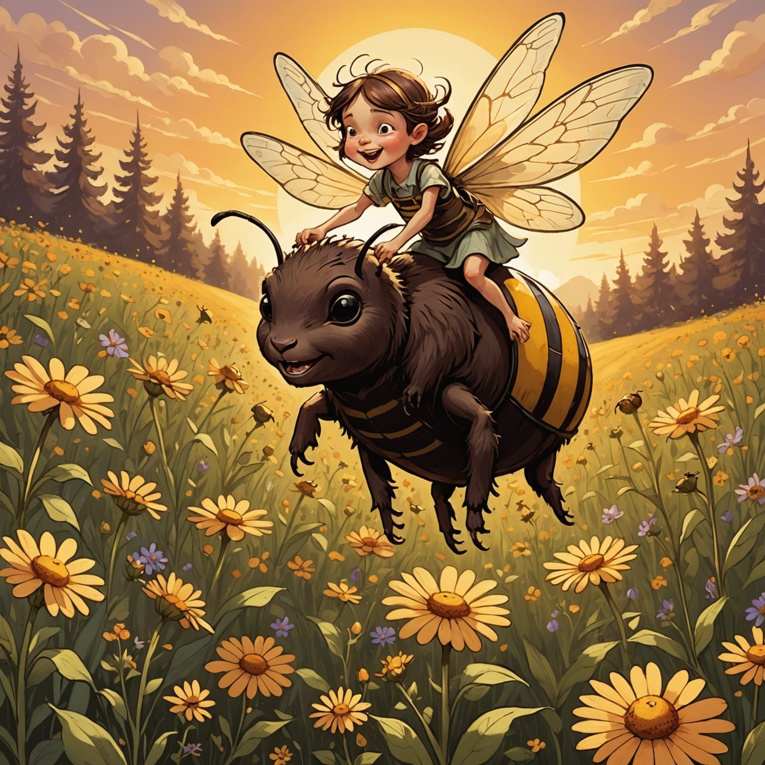 Pixie Rides Chocolate Bumblebee Through Wildflower Field