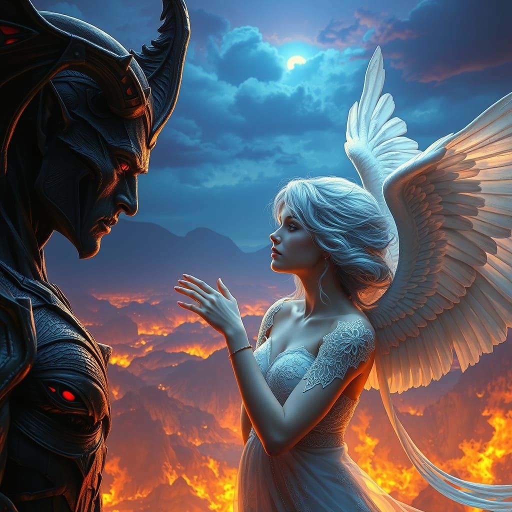 Ethereal Angel Gazing Longingly at Mysterious Demon in Fiery...