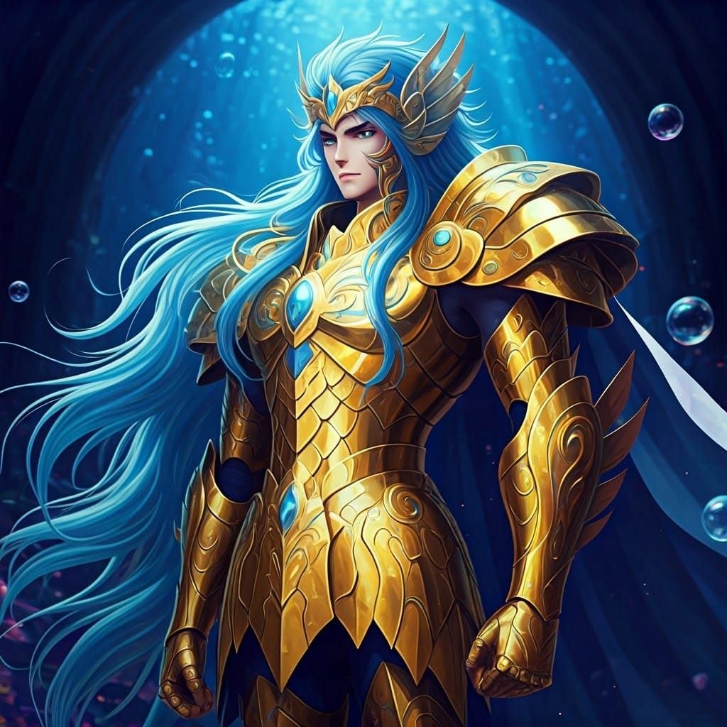 Anime-Style Pisces Knight in Golden and Blue Armor, Underwat...
