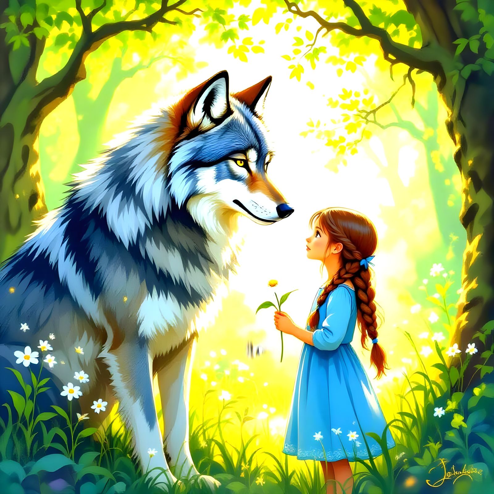 Wolf and Girl Together in a Mystical Forest