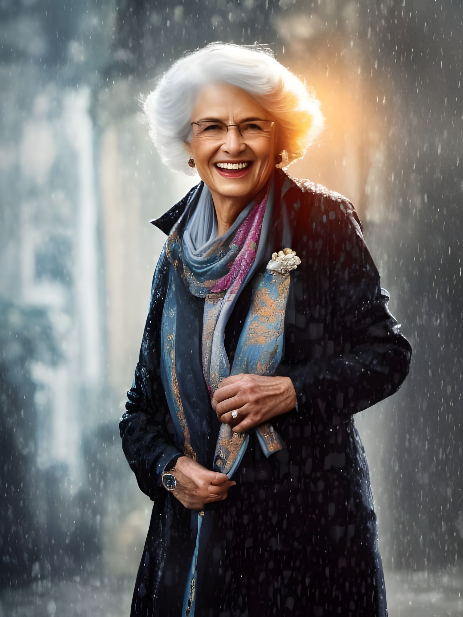 Elegant Lady Smiling in Rainy Victorian Street