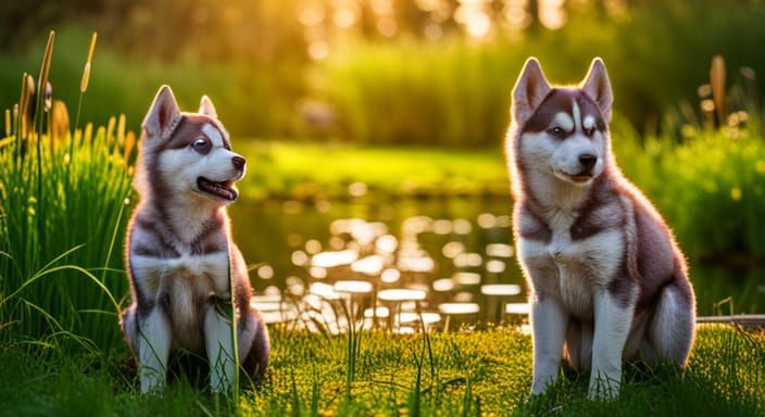 Husky Puppies Playing near a Pond at Sunset