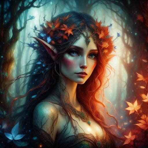 Magical Autumn Elf Art, Ink and Oil Style