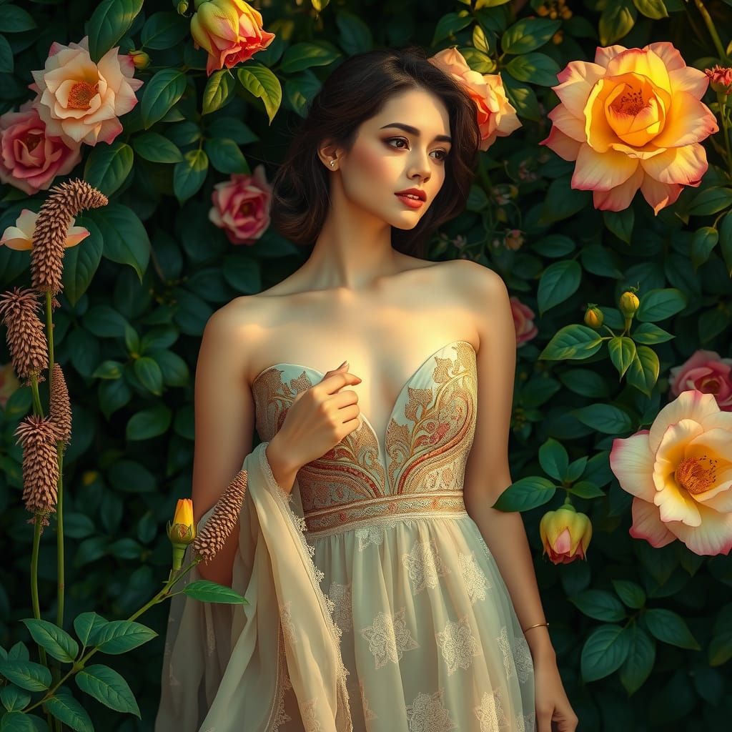 Ethereal Woman in Garden, Art Nouveau Style