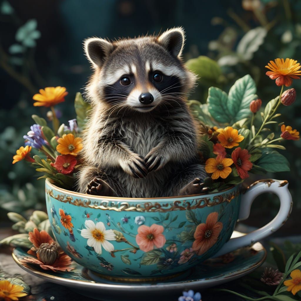 Whimsical Raccoon in Floral Teacup