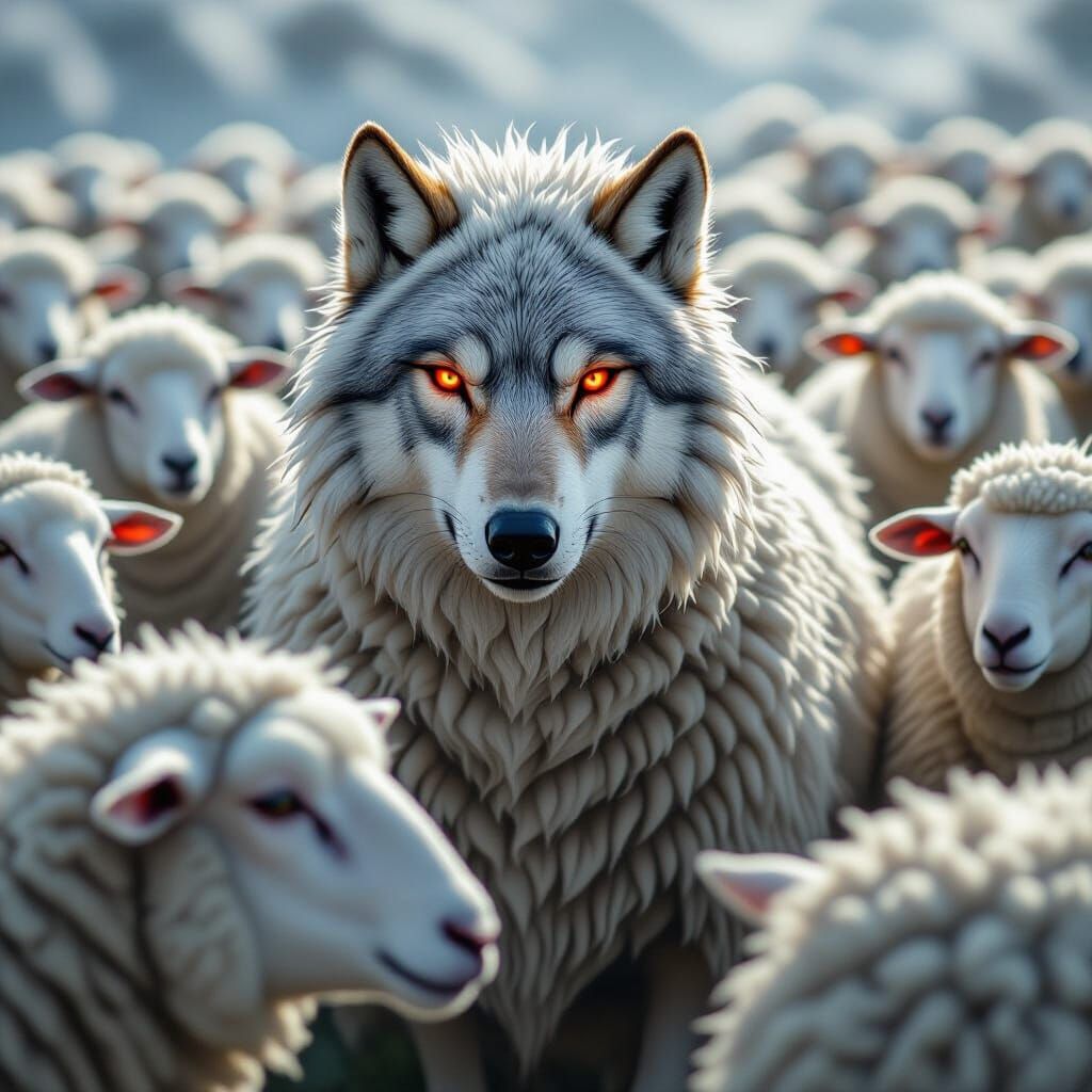 Wolf in Sheep's Clothing with Red Eyes